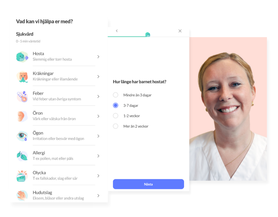 Skärmbilder från Knodd-appen som visar anamnesformulär och digitalt vårdsamtal