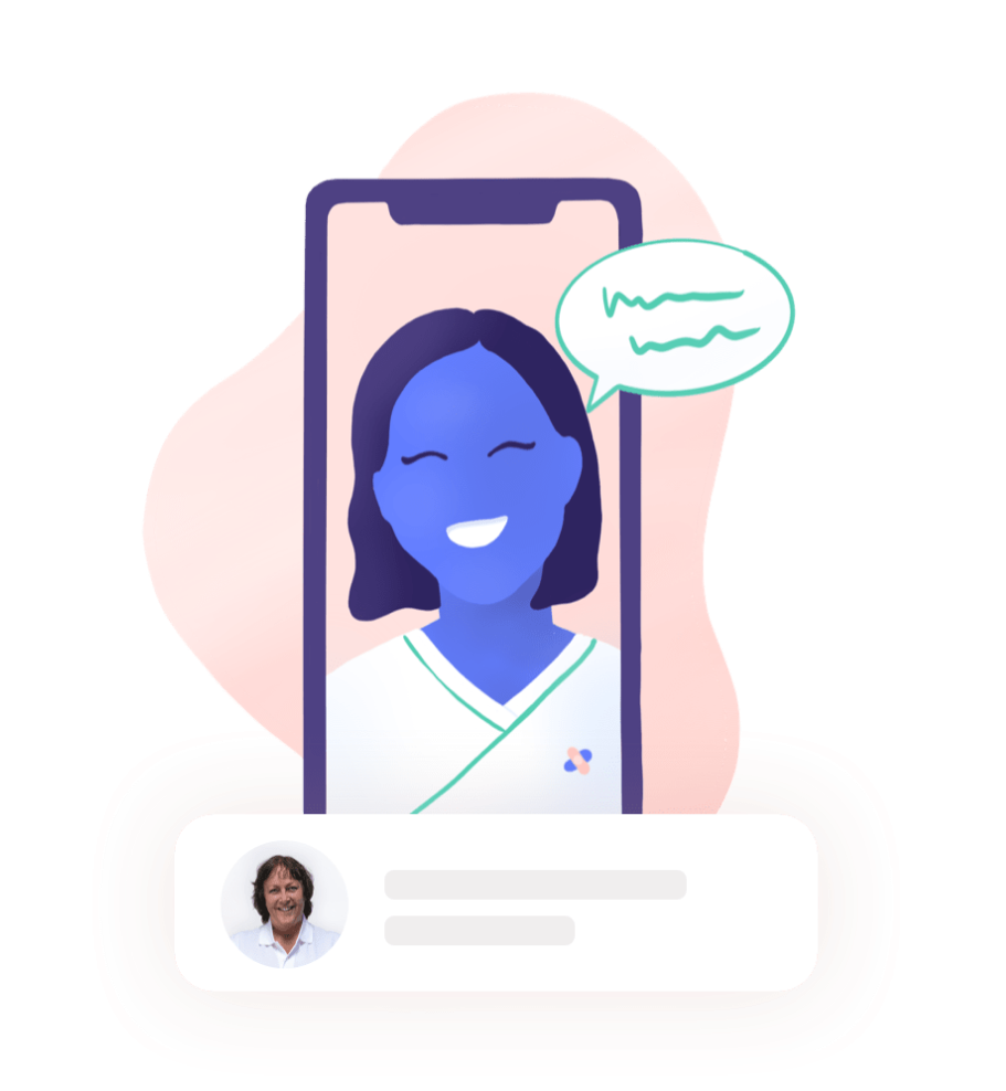Sketch av en mobil där användaren pratar med en barnsjuksköterska