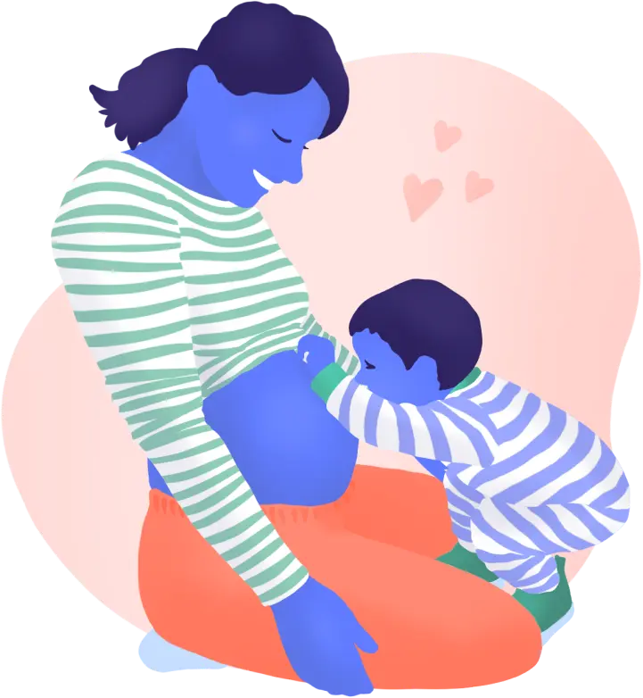 Sketch på en leende gravid kvinna, vars lilla barn fascineras över sin mammas gravidmage