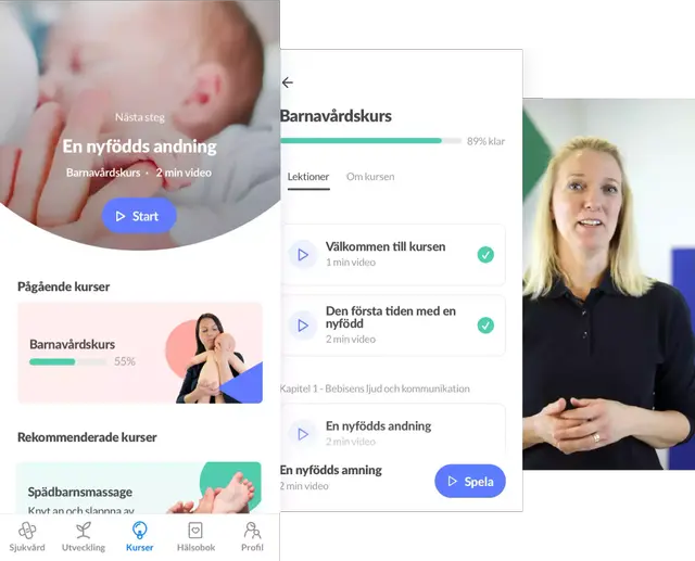 Skärmbilder från Knodd-appen som visar föräldrakursen inom barnavård