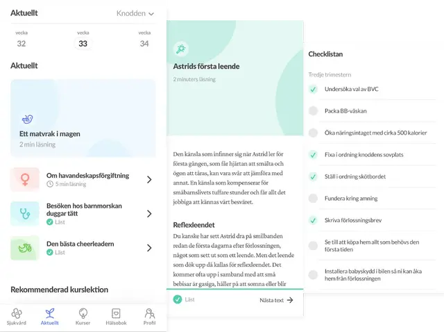 Skärmbilder från Knodd-appen som visar artiklar och checklista för varje vecka i graviditeten