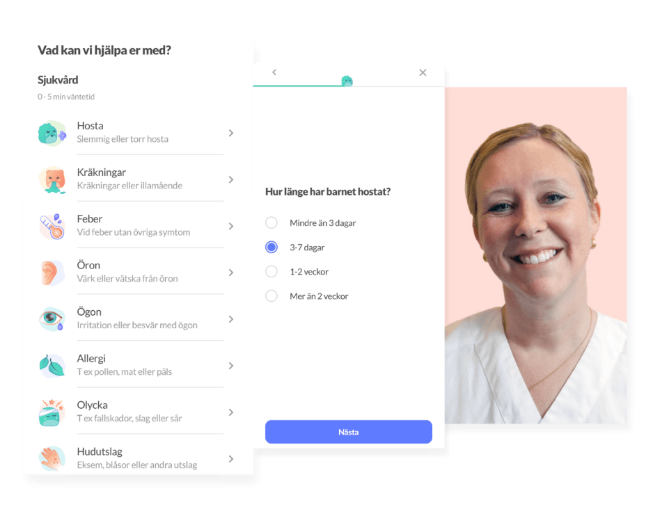 Skärmbilder från Knodd-appen som visar anamnesformulär och digitalt vårdsamtal