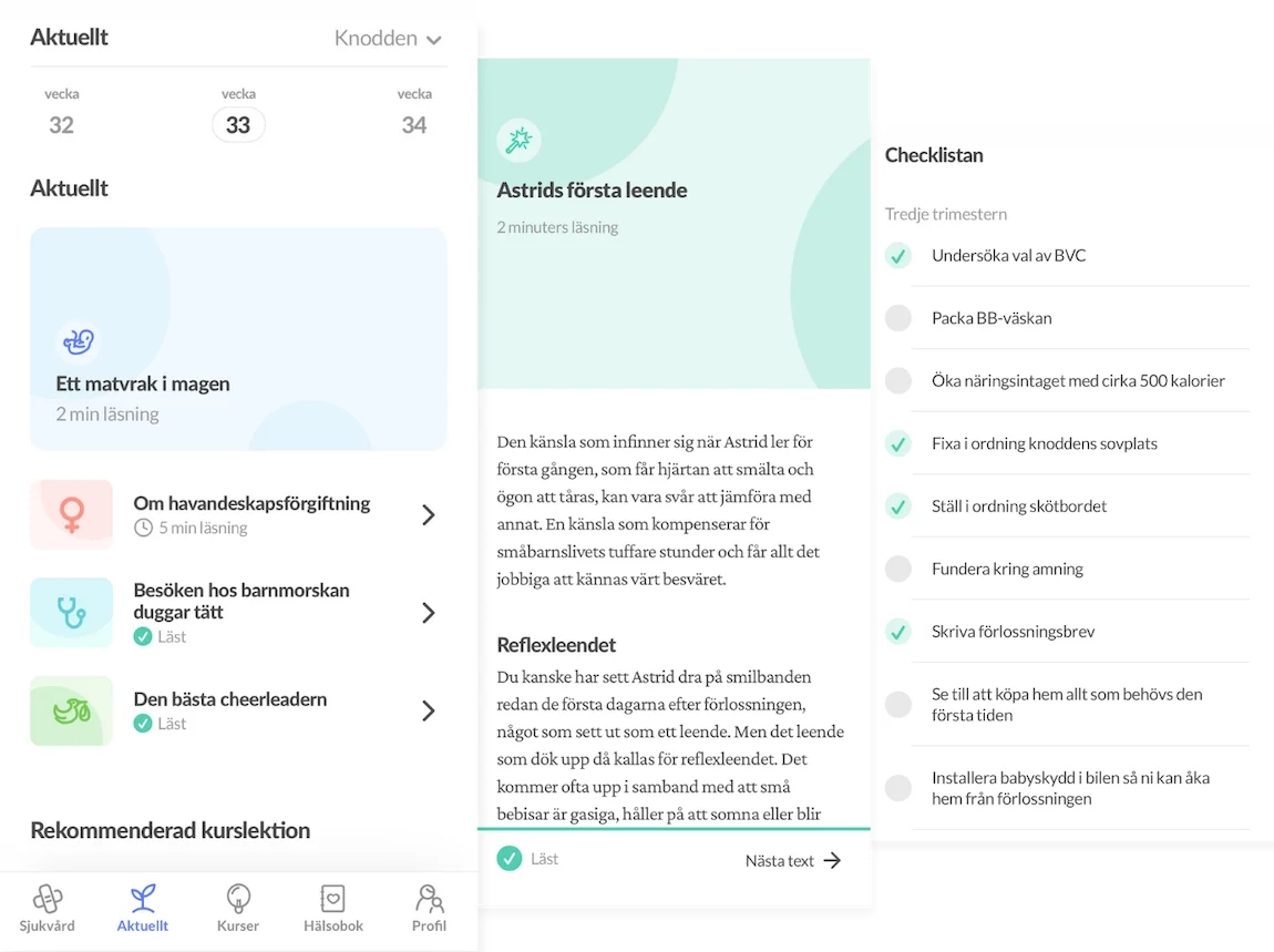 Skärmbilder från Knodd-appen som visar artiklar och checklista för varje vecka i graviditeten